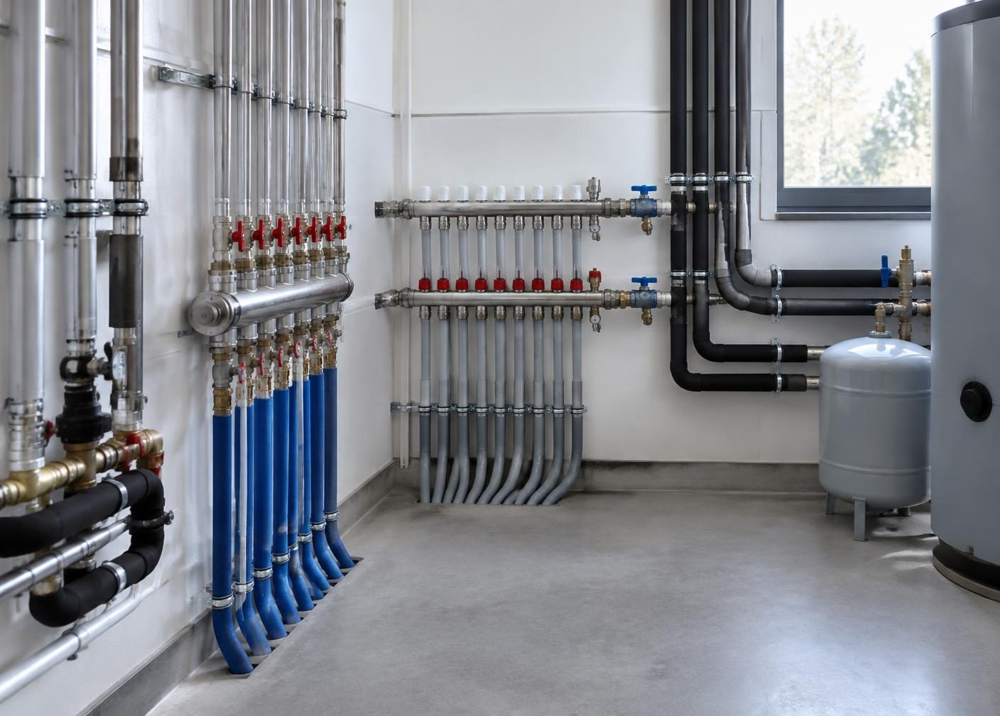 Organized mechanical conduits and distribution manifolds with distinct connections.