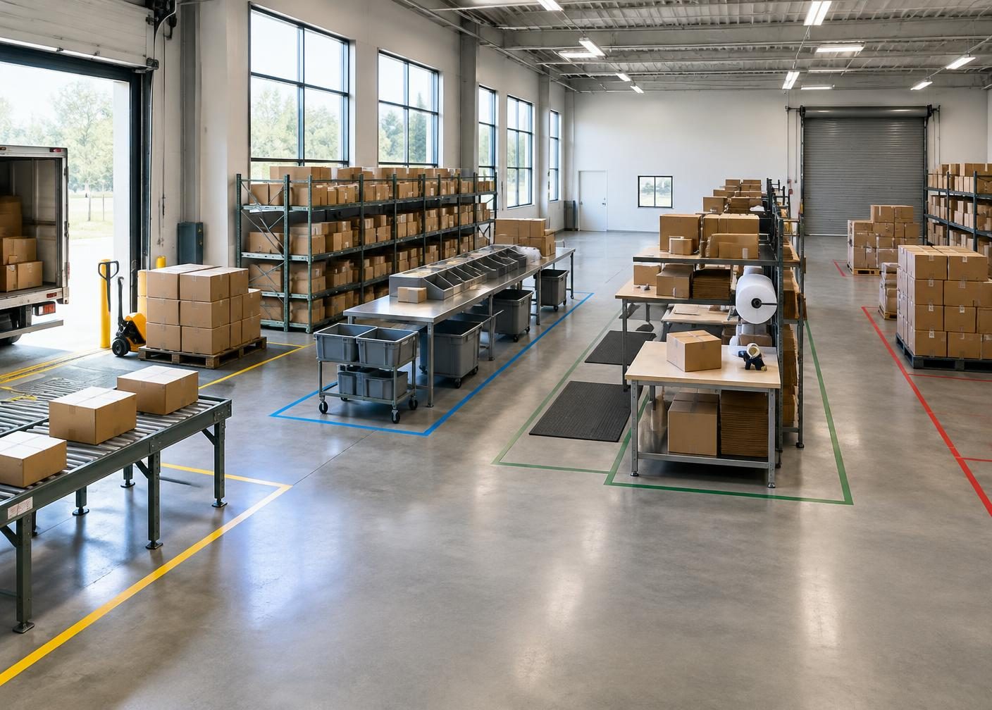 Separate receiving, sorting and packaging workstations in an empty operations facility.
