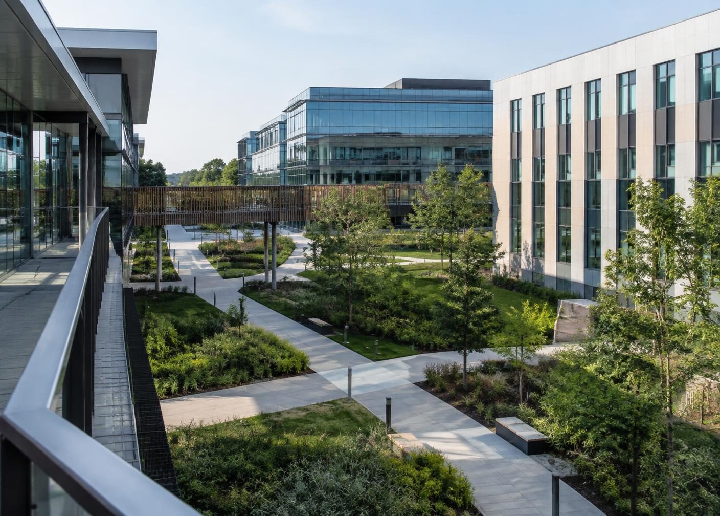Connected pedestrian paths through a daylit enterprise campus.