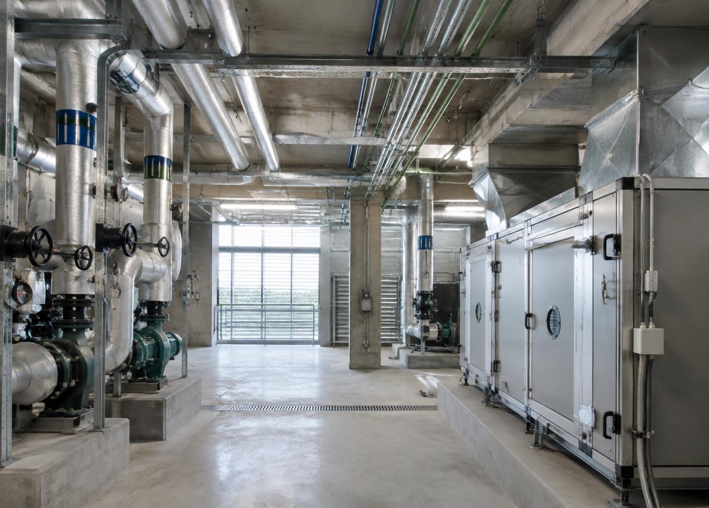 Daylit commercial plant room with existing conduits and mechanical systems