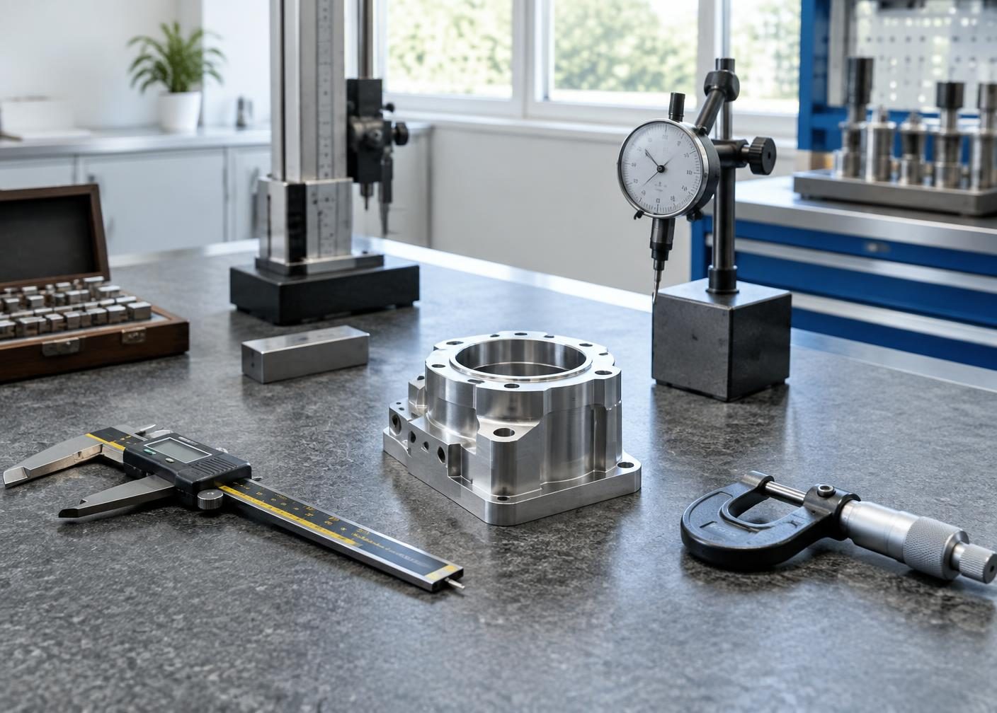 Precision measurement instruments and a machined component on an inspection bench.