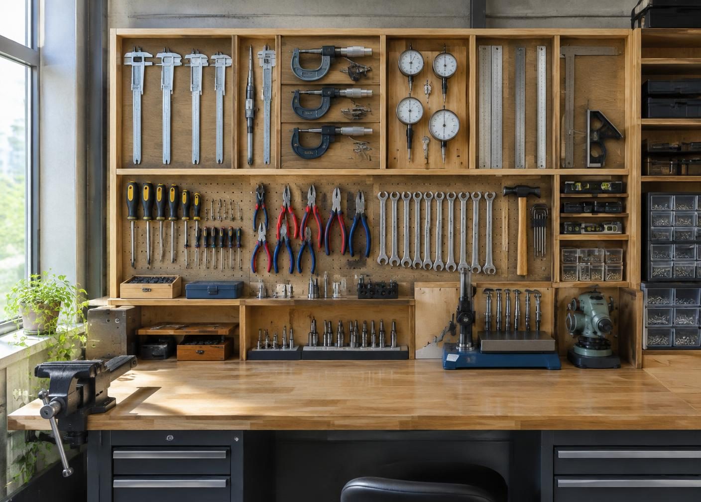 Distinct engineering instruments arranged in fitted workshop compartments.