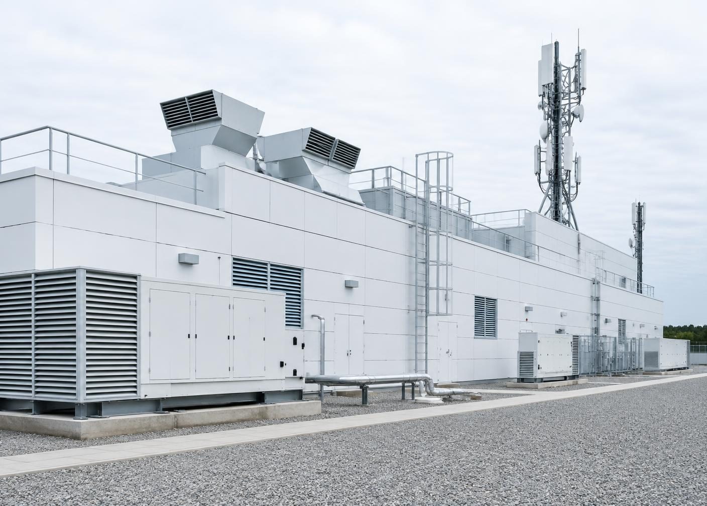 Modern telecommunications infrastructure exterior with rooftop ventilation