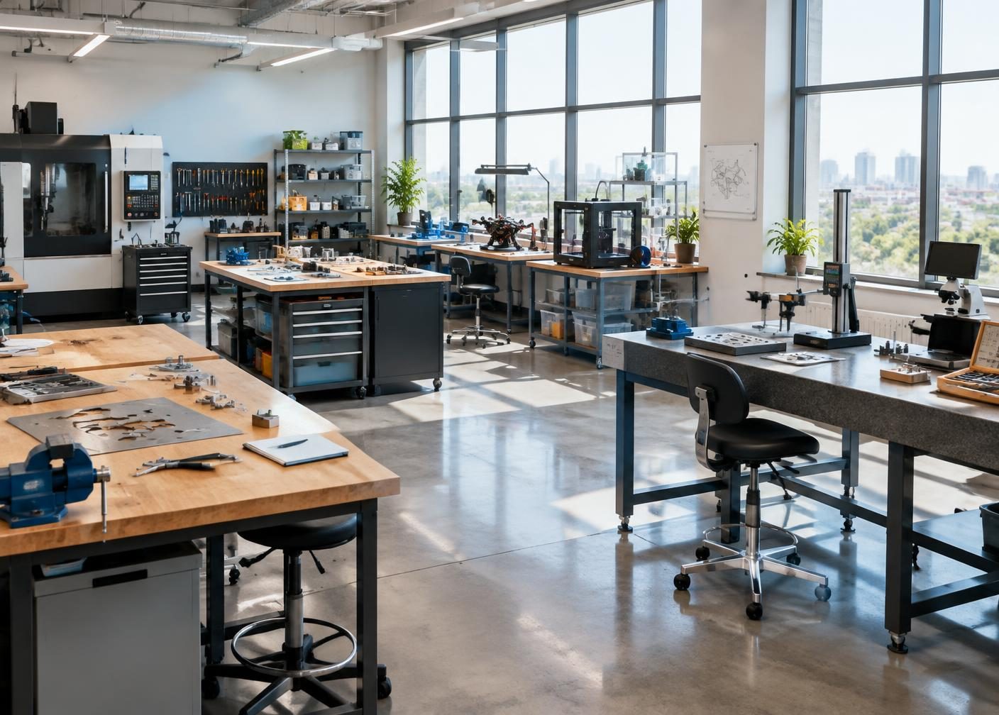Complementary fabrication, assembly and inspection stations in a daylit engineering studio.