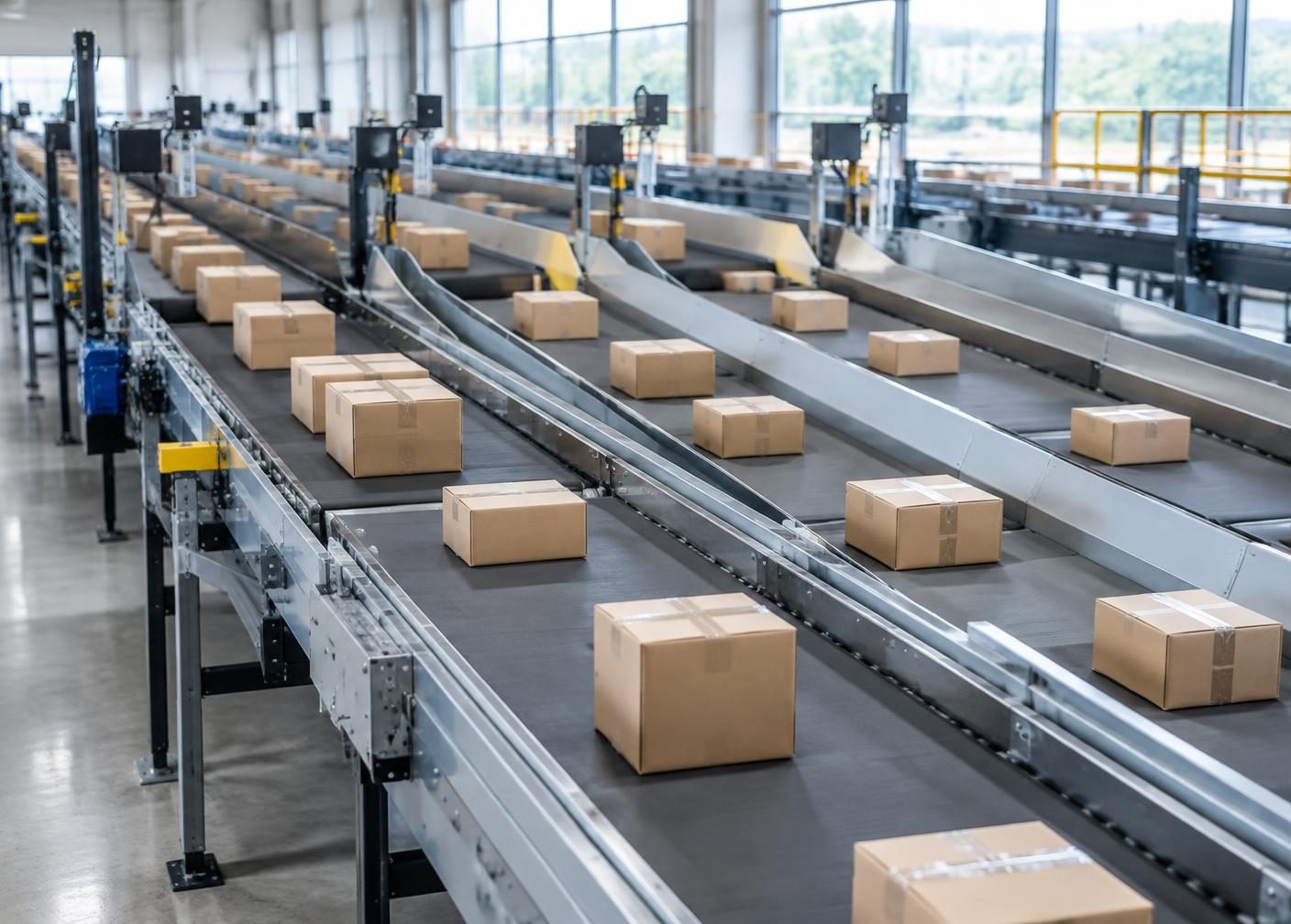 Plain parcels moving through an orderly automated sorting conveyor