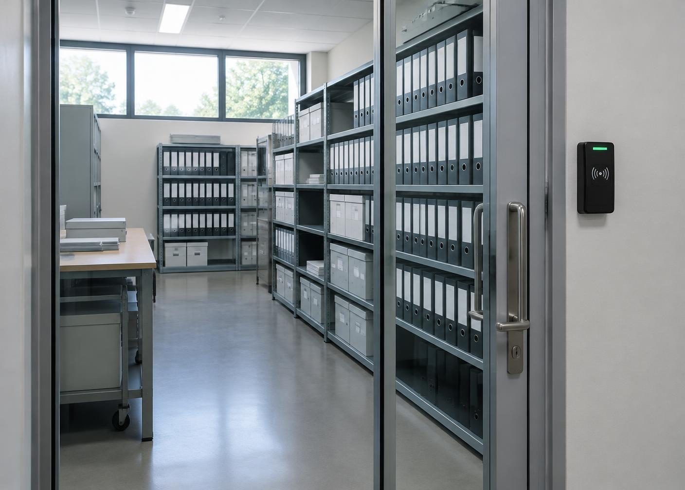 Organized document archive behind a controlled access door.