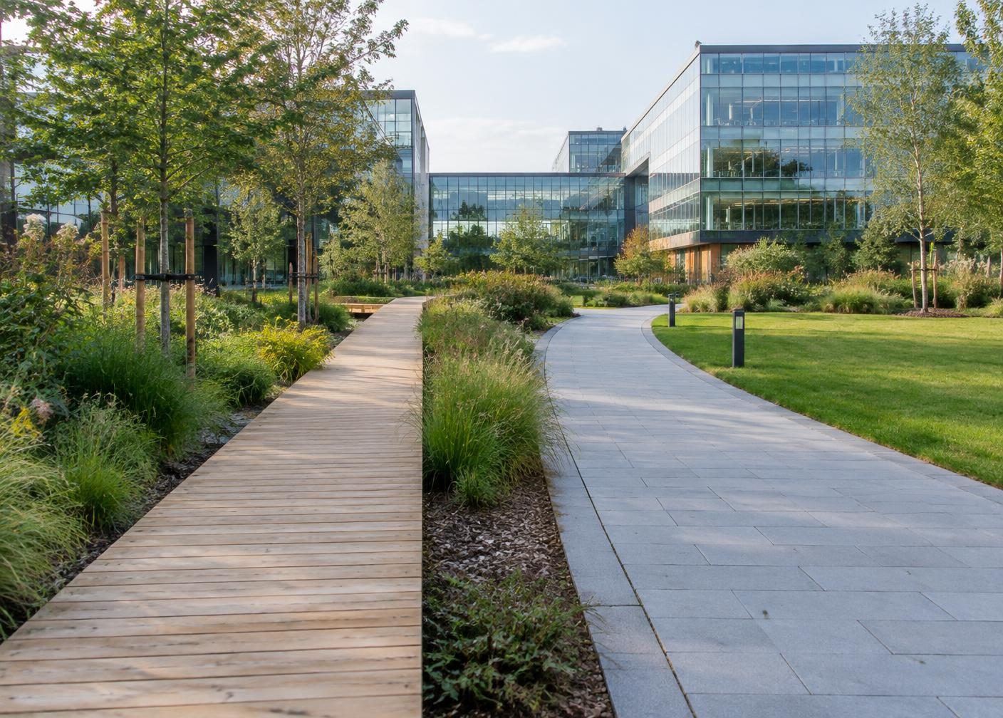 Timber and paved pathways through a landscaped commercial campus