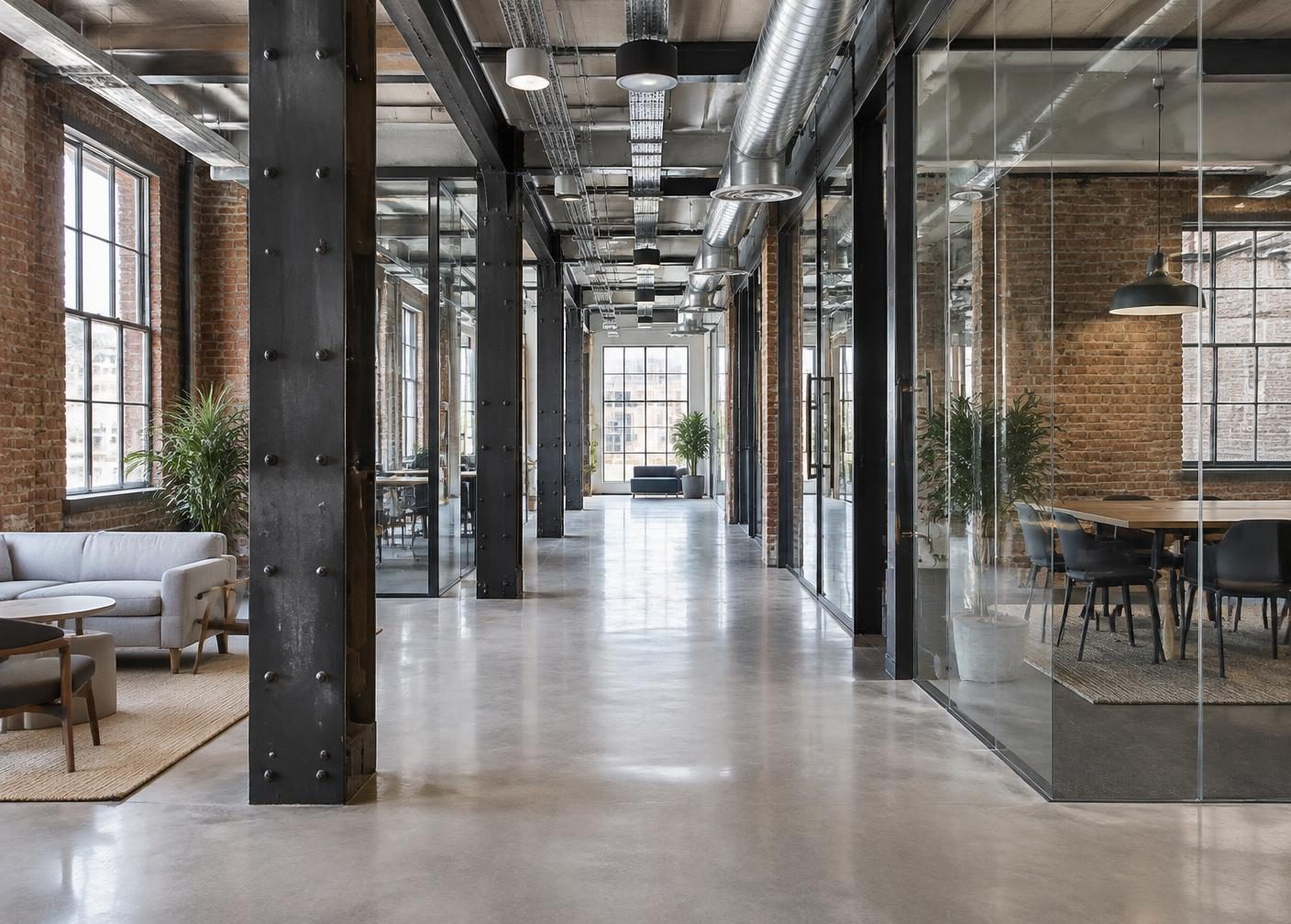 Original industrial columns and brickwork alongside renovated glass partitions.
