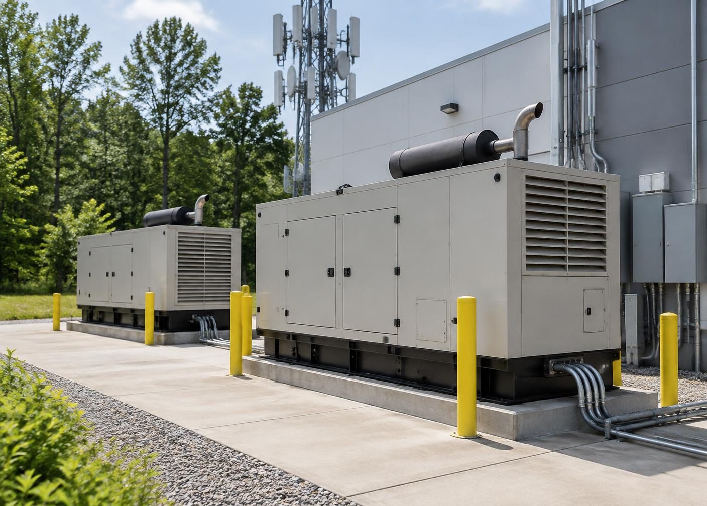 Two separate backup power housings beside a modern telecommunications facility.