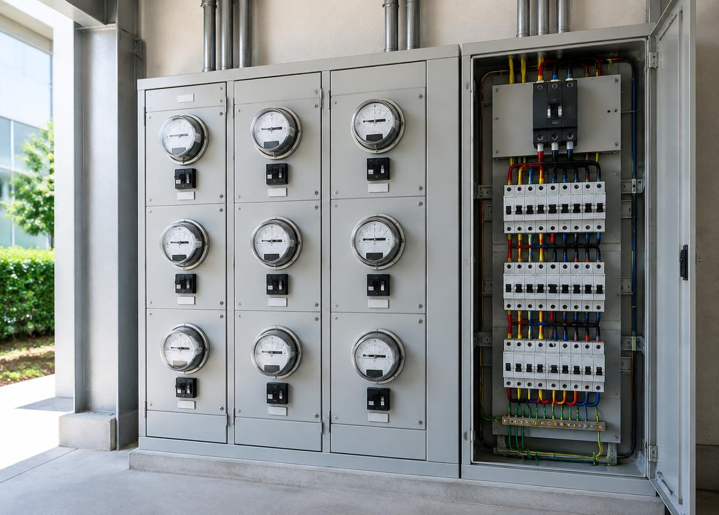 Utility distribution cabinets with analog meters and separate electrical circuits.