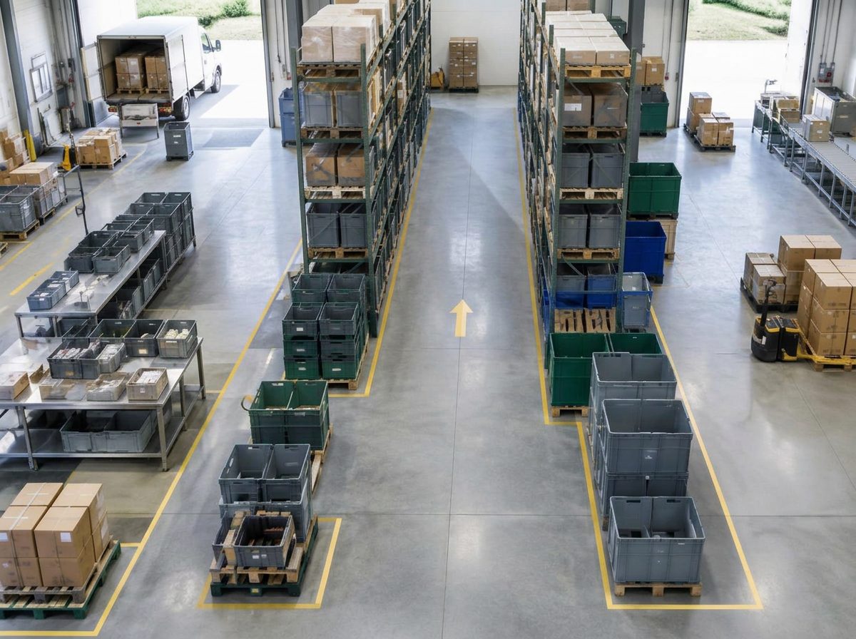 Organized intake, storage and dispatch zones in an empty operations facility.