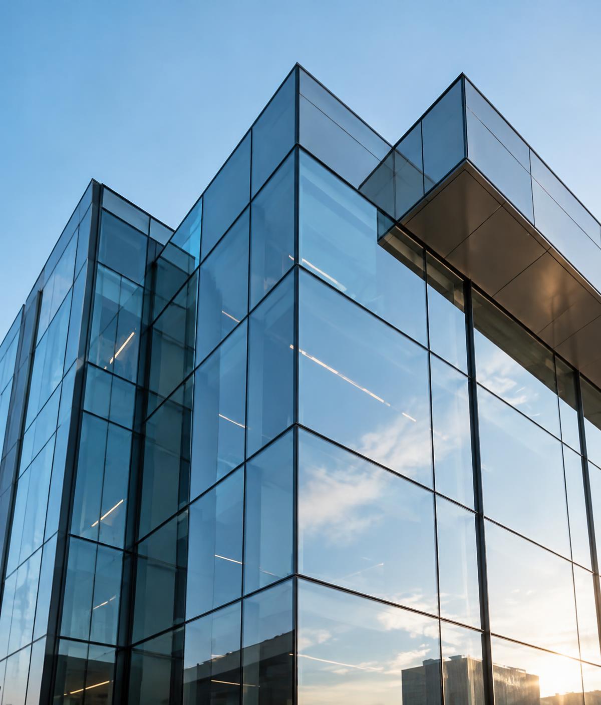 Modern glass building facade in morning light