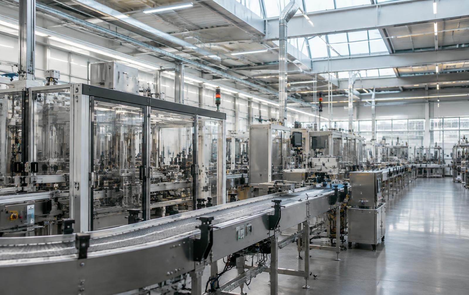 Automated industrial facility with connected precision machinery under skylights