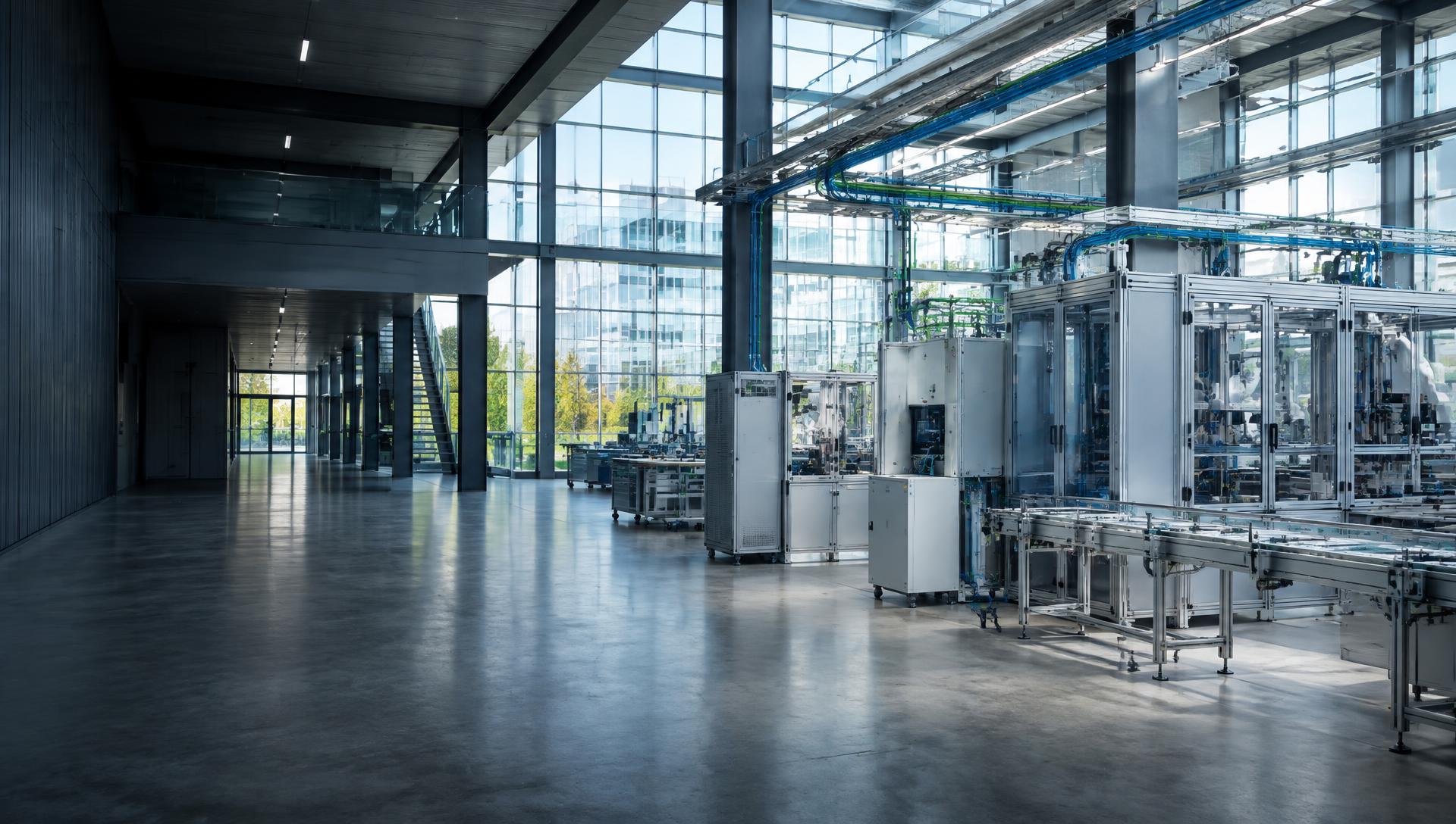 Precision engineering equipment inside a modern glass and steel facility