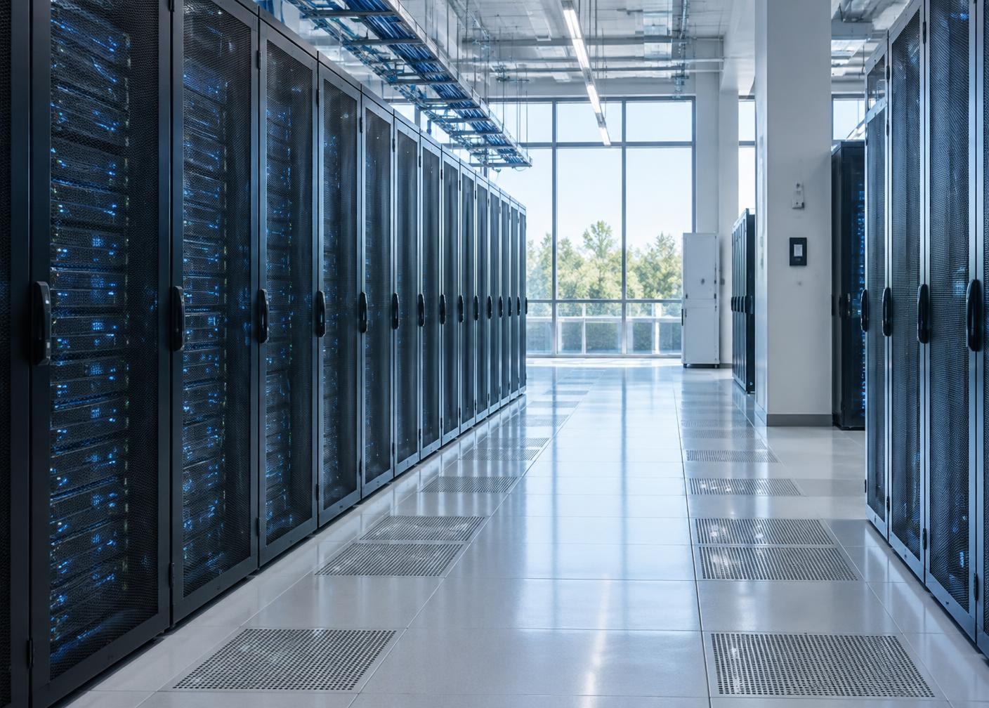 Daylit enterprise data center aisle with rows of server racks