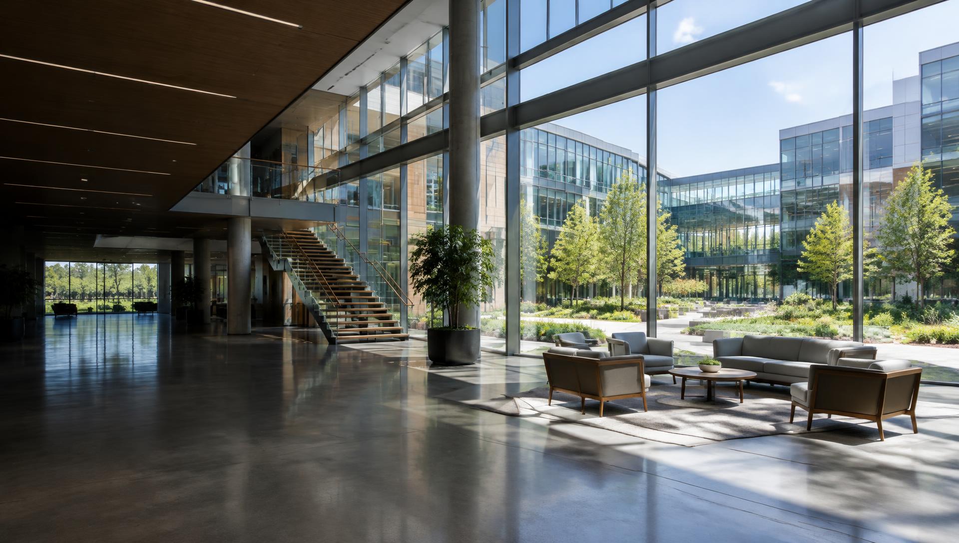 Modern enterprise campus atrium overlooking a landscaped courtyard and glass buildings.