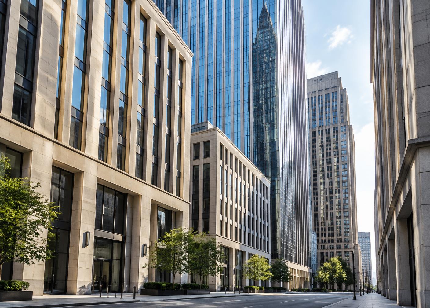 Ordered stone and glass commercial buildings in a naturally lit financial district.