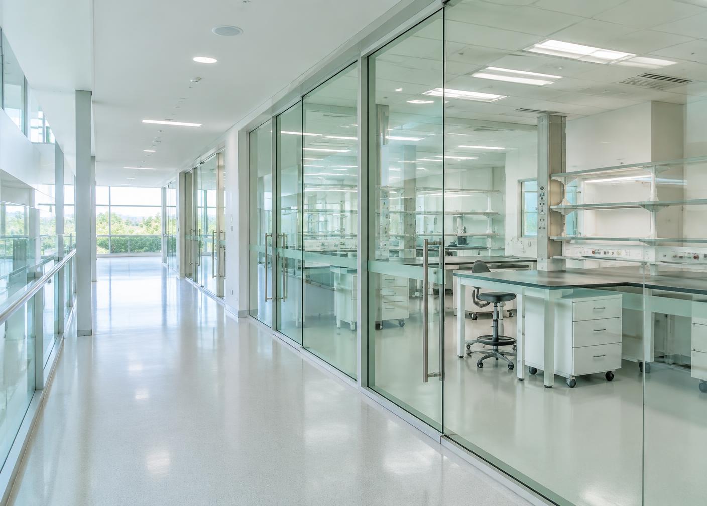 Bright healthcare research corridor with glass-fronted laboratory rooms.