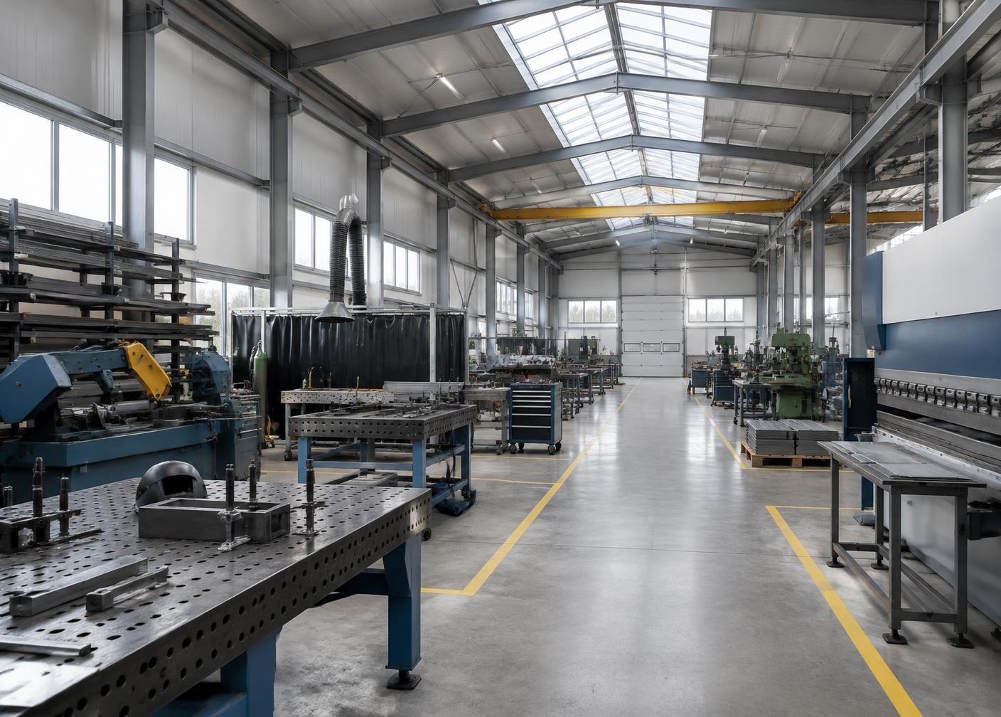 Spacious manufacturing hall with metal fabrication equipment and clear walkways under skylights.
