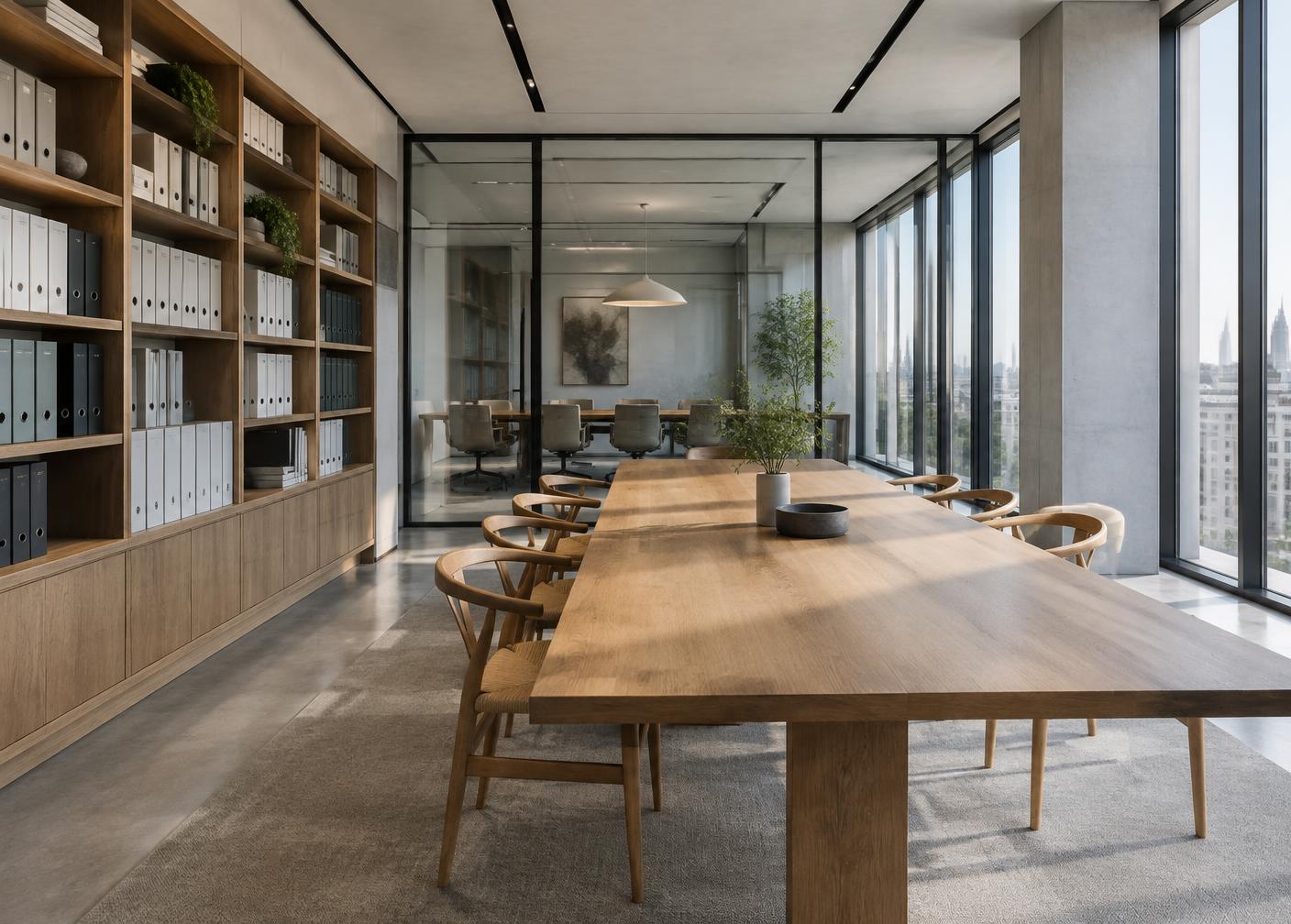Contemporary professional services interior with document shelving and an empty collaboration table.