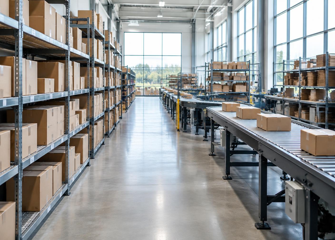 Organized e-commerce fulfillment aisle with plain parcels and conveyor equipment.