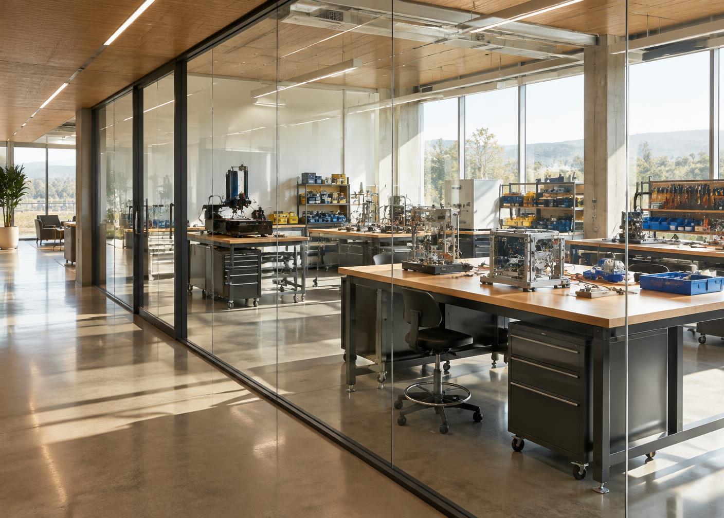 Daylit technology prototyping facility with organized equipment benches behind glass.