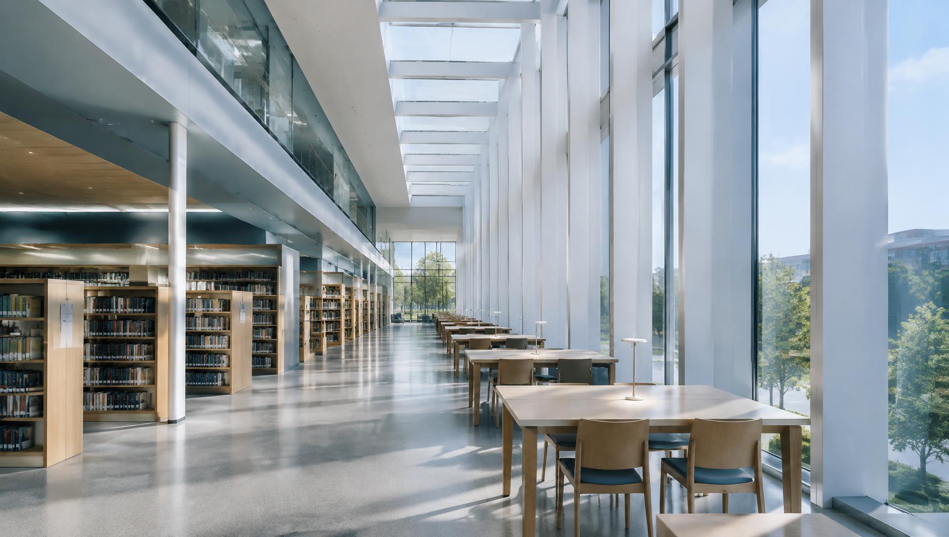 Naturally lit contemporary library with structural glass and quiet research spaces