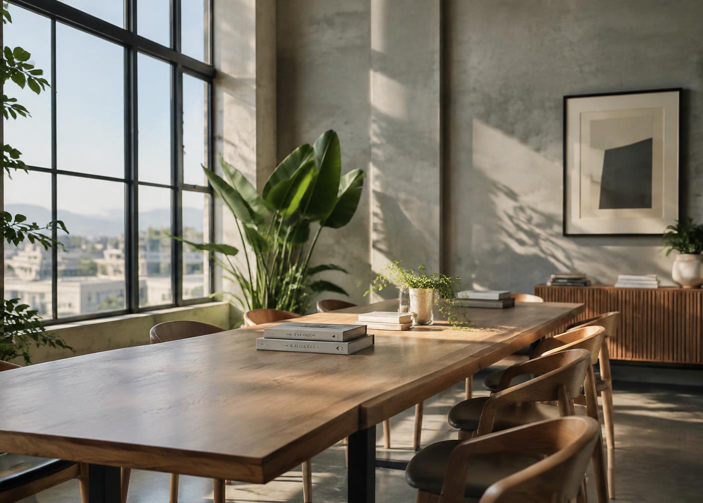 Quiet, naturally lit workspace with a long wooden table