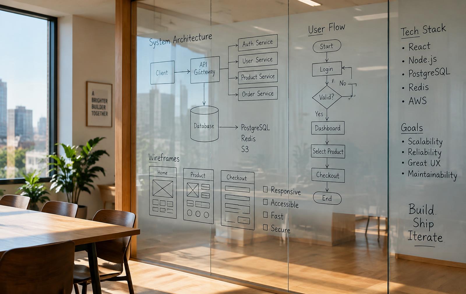 Glass wall covered with hand-drawn system architecture diagrams and wireframes in a daylit engineering studio