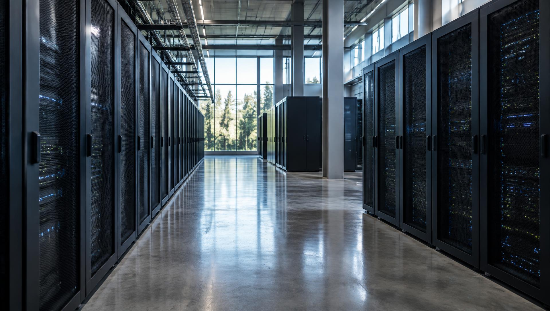 Modern data center corridor with server racks and natural daylight